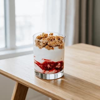 Layered yogurt, berry compote and granola breakfast pot in a clear glass container on a pale wood bench beside a bright window