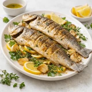 Whole grilled branzino lemon herbs olive oil charred board coastal — branzino hero photography