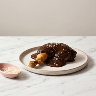 Mole negro Oaxacan chicken dark chocolate brown sauce sesame seeds plate — mole negro hero photography