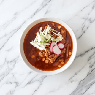 Pozole rojo hominy soup red broth radish cabbage lime oregano overhead bowl — pozole hero photography