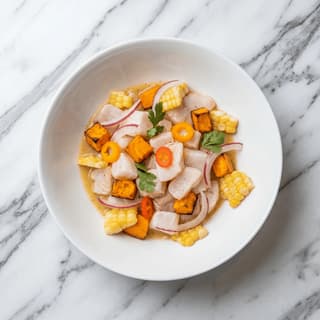 Ceviche latin white fish lime red onion cilantro sweet potato corn overhead bowl miami — ceviche hero photography