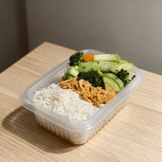 Single sealed ready meal tray of shredded chicken, rice and steamed vegetables on a light wood counter