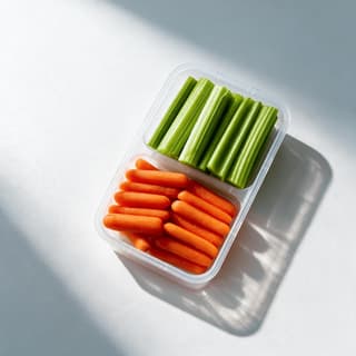 Single sealed two compartment snack tray of celery sticks and baby carrots on a clean white surface