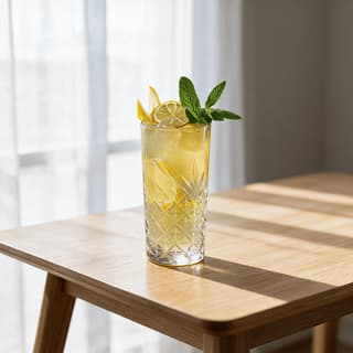 Sparkling lemon welcome drink in a tall cut crystal glass with a lemon wheel and fresh mint in bright window light