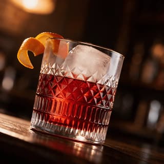 Deep red bittersweet cocktail in a cut crystal tumbler with a large clear ice block and a long orange twist