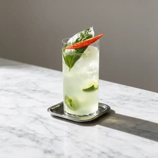 Pale green zero proof cooler in a tall glass with lime, crushed ice, a basil leaf and a red chilli garnish