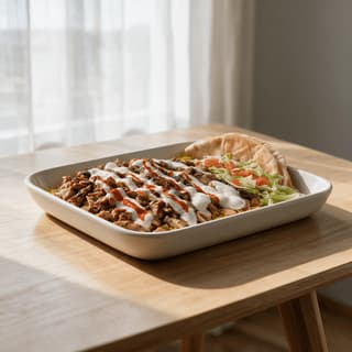 New york halal cart chicken over yellow rice white sauce drizzle red hot sauce lettuce tomato pita street food — halal cart hero photography