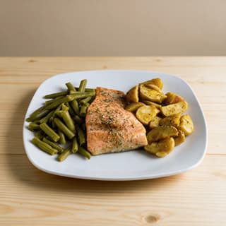 Heart-healthy dinner plate with a baked salmon fillet, roasted sweet potato wedges and green beans on a white plate