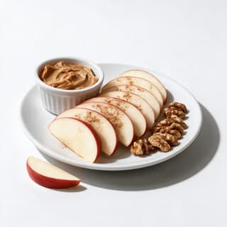 Blood-sugar-friendly snack of sliced apple with a small dish of nut butter and a scatter of walnut halves on a small plate