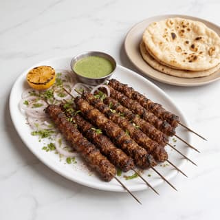Seekh kebab minced meat skewers char grilled green chutney onion naan plate — seekh kebab hero photography