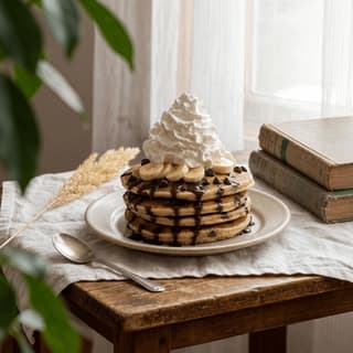 Wieża pancakes z czekoladowymi kawałkami z różą bitej śmietany i plastrami banana — przytulna fotografia śniadaniowa brunch