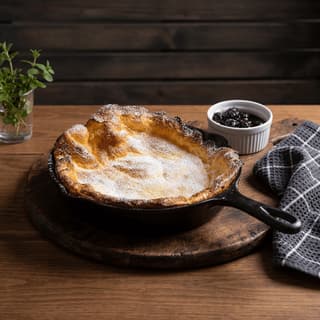 Pancake Dutch baby z cukrem pudrem na żeliwnej patelni z kompotem owocowym — rustykalna fotografia brunchu
