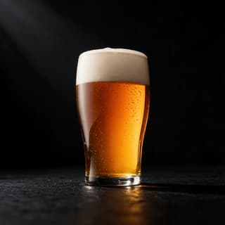 Philadelphia craft beer pint hazy amber gold thick ivory foam cap condensation dark bar — craft beer hero photography