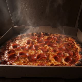 Pizza a domicilio en caja de cartón abierta con pizza caliente y vapor saliendo — fotografía hero de pizza delivery