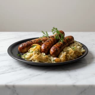 Kielbasa grilled polish sausage char casing snap mustard horseradish plate — kielbasa hero photography