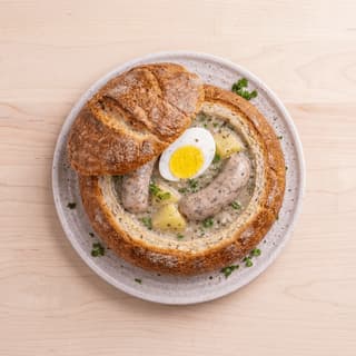 Zurek sour rye soup bread bowl sausage egg marjoram overhead — zurek hero photography