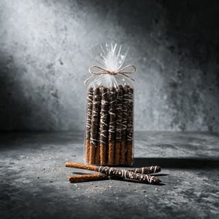 Bundle of chocolate-drizzled pretzel rods standing upright in a clear sleeve tied with plain twine