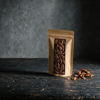 Kraft stand-up pouch with a clear window showing glazed candied pecans on dark wood