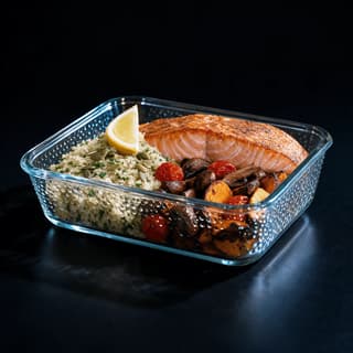 Single clear glass meal prep container holding a salmon fillet, herbed quinoa and roasted vegetables on a dark surface