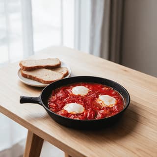 Shakshuka with three poached eggs in a rich red tomato and pepper sauce served in a small cast-iron pan beside a plate of sliced bread