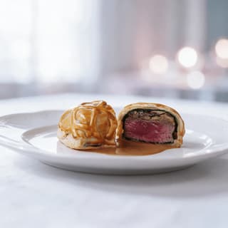 Individual beef Wellington halved to show pink fillet on white linen — private chef food photography