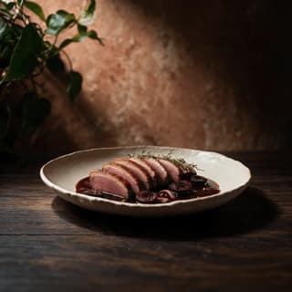 Sliced seared duck breast fanned in a pool of dark cherry sauce with a crisp fat cap on a cream stoneware plate