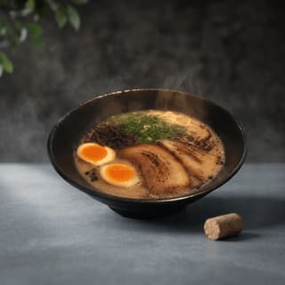 Hakata tonkotsu ramen bowl chashu ajitama egg kikurage scallions overhead — Japanese ramen hero photography