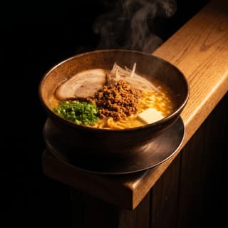 Sapporo miso ramen hearty orange broth corn butter ground pork bean sprouts — Japanese miso ramen hero photography