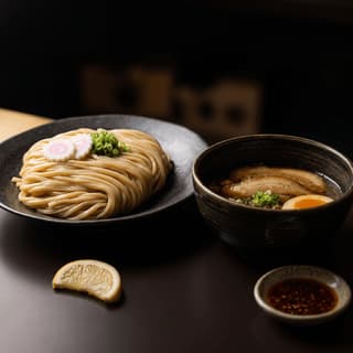 Tsukemen dipping ramen cold noodles separate plate hot dipping broth — Tokyo tsukemen hero photography