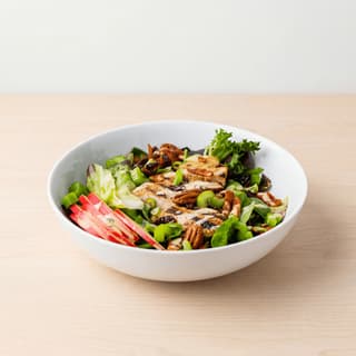 Warm salad grilled chicken roasted vegetables bacon vinaigrette — warm salad hero photography