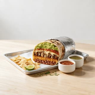 San francisco mission burrito huge foil wrapped cut cross section rice beans carnitas cheese salsa guacamole layers — mission burrito hero photography