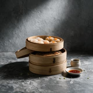 San francisco chinatown dim sum bamboo steamer translucent pleated har gow siu mai roe potstickers chili oil — dim sum hero photography