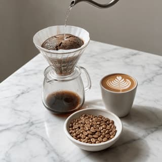 San francisco third wave coffee pour over cone blooming grounds cortado rosetta latte art light roast beans marble — coffee hero photography