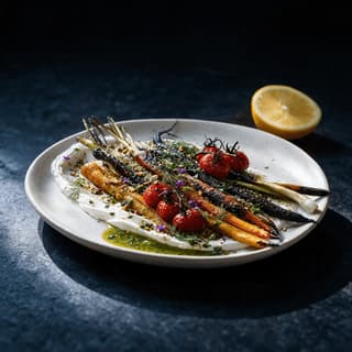 San francisco farm to table california plate roasted market vegetables heirloom carrots labneh herbs seasonal produce — farm to table hero photography