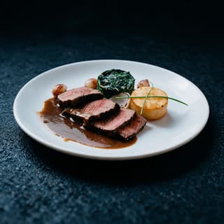 Twee dikke gesneden plakken prime rib met rozemarijnjus en een geroosterde aardappel op een donker bord met rand