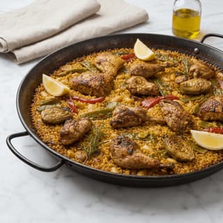 Paella valenciana saffron rice socarrat seafood overhead pan marble — paella hero photography
