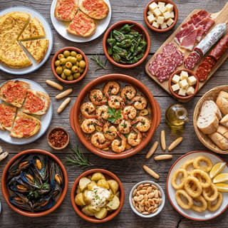 Spanish tapas spread patatas bravas croquetas tortilla small plates — tapas hero photography