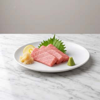 Tuna sashimi three slices slate plate wasabi shiso — sashimi hero photography
