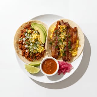 Two breakfast tacos chorizo egg bacon white plate salsa — breakfast taco hero photography