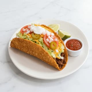 Single hard shell taco lettuce cheese tomato classic Americana — hard shell taco hero photography