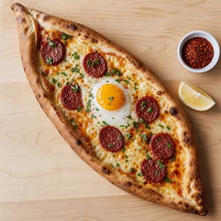 Pide turkish boat shaped flatbread cheese egg sucuk kashar overhead light wood — pide hero photography