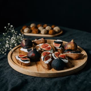 Whipped goat cheese fig and honey crostini canapes arranged closely on a natural wooden serving board