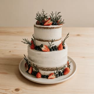 Three tier semi naked wedding cake with buttercream fresh berries and figs on a wooden cake stand