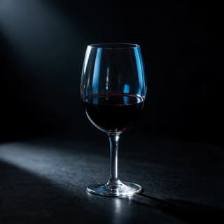 Single stemmed glass of deep garnet red wine on a dark surface, lit by a narrow beam against a black background