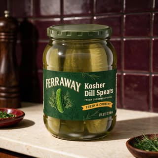 Pickle jar close-up in a warm burgundy kitchen with soft bokeh — editorial packaged food photography