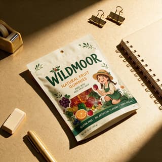 Candy bag on a gold color-drenched desk set with matching props — color-drench product photography