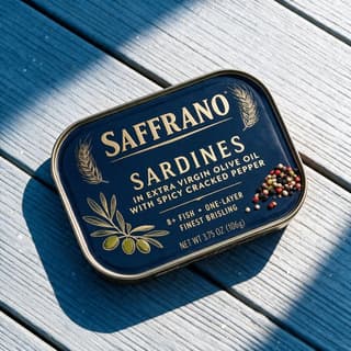 Sardine tin on sunlit deck boards with sharp shadows — hard-light tinned food photography