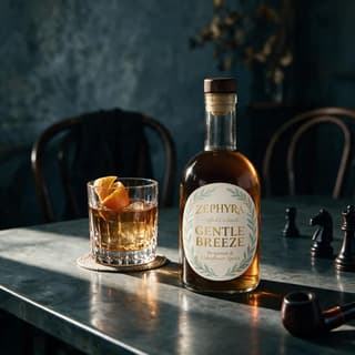 Craft cocktail bottle and rocks glass in a moody bar still life — premium drink photography