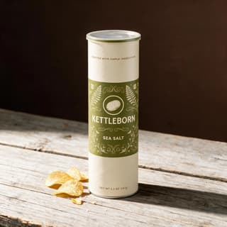 Chips canister on weathered wood counter with warm window light — retro Americana product photography