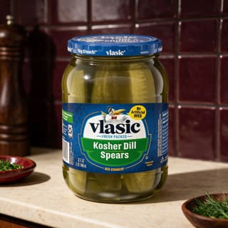 Pickle jar close-up in a warm burgundy kitchen with soft bokeh — editorial packaged food photography